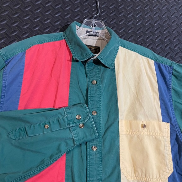 Vintage Eddie Bauer Rufton Twill Red Green Yellow Button Up Cotton Shirt Men M - Picture 1 of 8